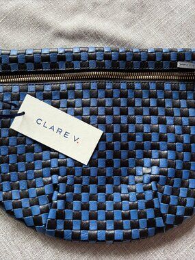 Clare V. Grande Fanny Woven Leather Bag Black/Colbalt NWT